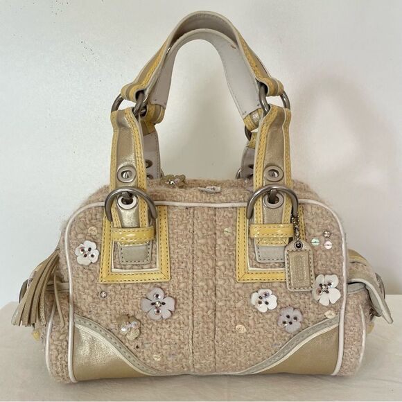 Coach 10071 Tweed Soho Boston Baguette Floral Applique Metallic Leather Bag RARE - Picture 1 of 13